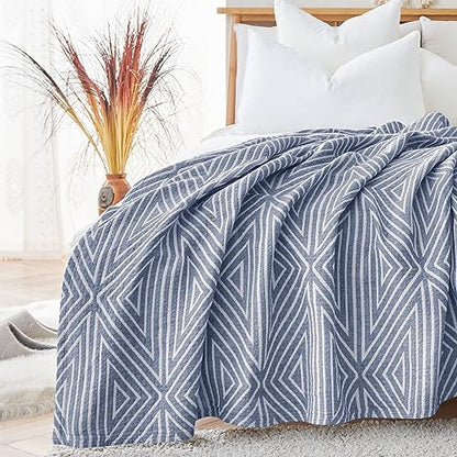 jinchan 100% Cotton Muslin Blanket Twin Boho Throw Blanket 50x60 Slate Blue | 3-Layer, Geometric Triangle Quilt, Cooling Breathable Lightweight, for Adult, Soft, Reversible, Summer, Couch, Sofa, Bedroom - color: B. Triangle Blue, size: 50"x60"