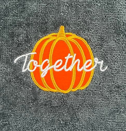 Thanksgiving Fall Harvest Embroidered Guest Fingertip Towels: Orange Gold White Gather Together Pumpkin on Plush Grey Gray, 2 Piece Set, 12" x 18" Inch Oeko-TEX Certified - color: Gather