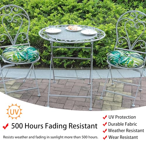 Magpie Fabrics 15" Round Bistro Seat Cushions with Ties, Set of 2, Waterproof All Weather Tufted 4" Thick Patio Chair Pads for Home Garden Dining Metal Stool - Green Palm Leaves - color: A Green Palm Leaves