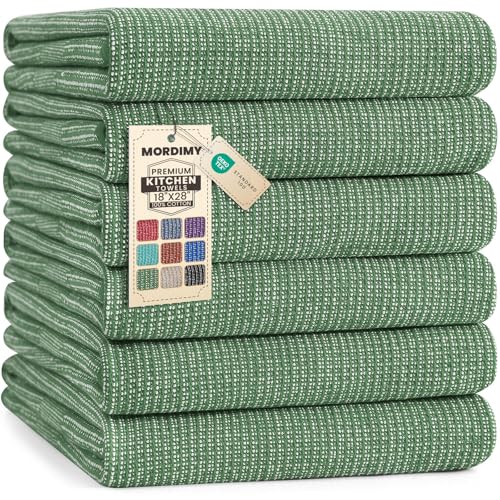 Mordimy Premium Cotton Kitchen Towels (18"x 28", 6 Pack), Grass Green | 100% Ring Spun Cotton, Super Absorbent, 380 GSM, Flat & Terry, Soft, Hanging Loop Dish Towels - color: Grass Green, size: 18"x28" - 6 Pack