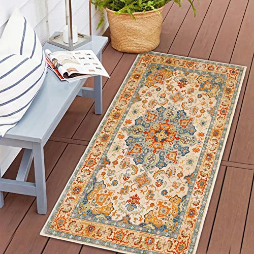 COMSLE Boho Distressed Area Rug 2' x 4', Machine Washable Faux Wool Non-Slip Small Rug for Entryway, Bedroom, Kitchen - Indoor Floor Carpet - color: Terracotta/Royal Blue-1, size: 2' x 4' (Rectangular)