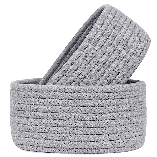 【2 Pack】ABenkle Small Woven Baskets, Tiny Oval Shallow Storage Baskets, Mini Cotton Rope Empty Decorative Basket, Boho Little Organizer Bins for Bathroom, Cat Dog Toy Gifts Baskets - color: Grey