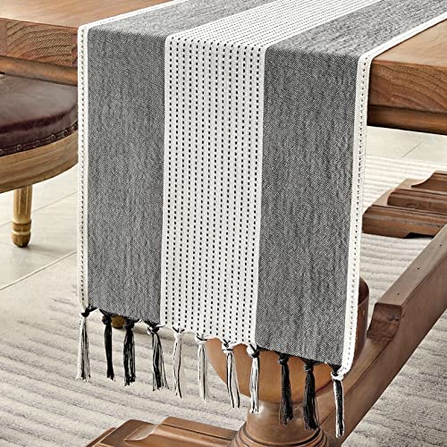 Wracra Linen Table Runner, Stripe Table Runners 48 Inches Long Black | Delicate Splicing Design and Hand-Tassels;Cotton Linen Woven Fabric;Farmhouse Macrame Table Runner;Dresser Dining Table Decor - color: Black, size: 13×48 Inch (1 pc)