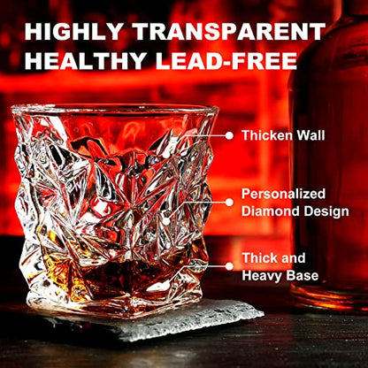 Whiskey Stones Gift Set, 2 Large Crystal Whiskey Glasses in Wood Gifts Box | 6 Granite Scotch Chilling Rocks, Tongs & Velvet Pouch, Best Gifts for Men Dad Husband Him Christmas Birthday Holiday Present - style: Diamond Glasses+Round Stones