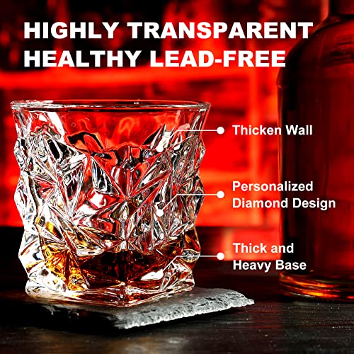 Whiskey Stones Gift Set, 2 Large Crystal Whiskey Glasses in Wood Gifts Box | 6 Granite Scotch Chilling Rocks, Tongs & Velvet Pouch, Best Gifts for Men Dad Husband Him Christmas Birthday Holiday Present - style: Diamond Glasses+Round Stones