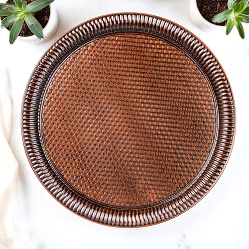 Alisveristime Round Hammered Metal Serving Tray – Ottoman Style, (11.8" Diameter, 12.6 oz) 5 Color Options (Brown) - color: Brown