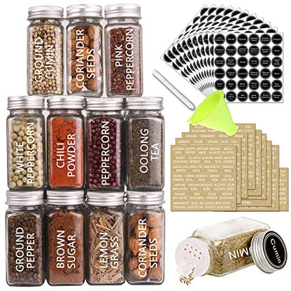 SWOMMOLY 36 Pcs 4 oz Glass Spice Jars with Shaker Lids and 703 Spice Labels | Empty Spice Containers with Airtight Lids, Chalk Marker, Funnel - Square Seasoning Bottles for Spice Racks, Cabinets, Drawers