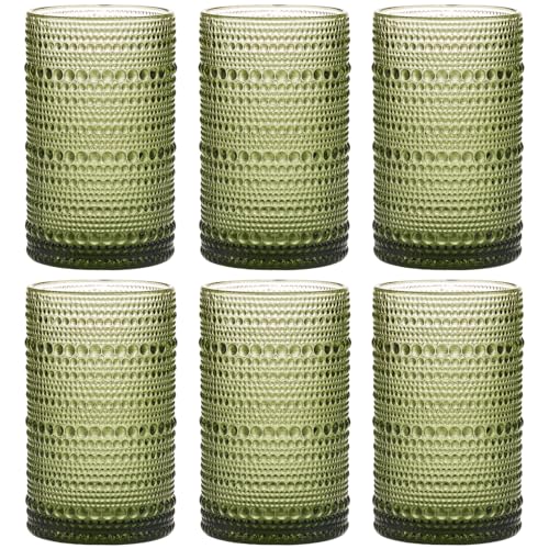 Moretoes 12 Oz Green Hobnail Drinking Glasses Set of 6,o Water Glass Cups | 12 Oz Highball Glasses Embossed Boh Kitchen Bar Tumbler Glassware Set for Whiskey, Beer, Juice, Milk and Various Mixed Drink - color: Green, size: 6pcs