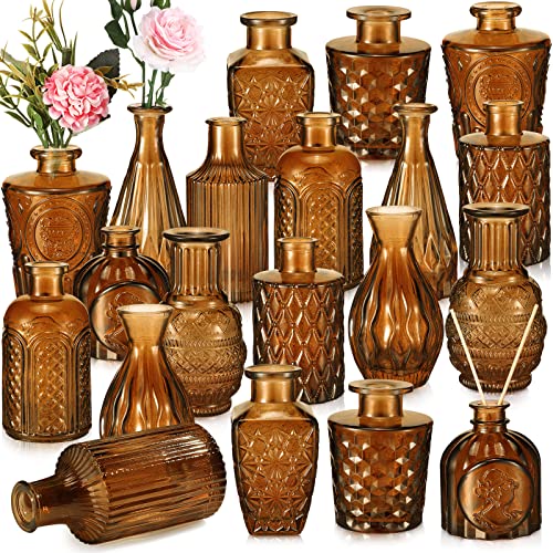 Inbagi 20 Pcs Glass Bud Vase Set - Dark Amber Small Flower Vases Bulk, Vintage Embossed Decorative Bottles for Wedding Valentine Home Table Centerpieces Decor - color: Dark Amber