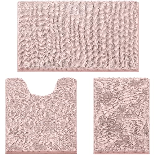 HOMEIDEAS 3 Pieces Bathroom Rugs, Extra Large Ultra Soft Non Slip Absorbent Chenille Toilet Bath Mat Set (Dusty Pink) - color: Dusty Pink, size: 17"x24"+20"x32"+U Shape 20"x24"
