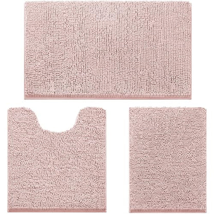 HOMEIDEAS 3 Pieces Bathroom Rugs, Extra Large Ultra Soft Non Slip Absorbent Chenille Toilet Bath Mat Set (Dusty Pink) - color: Dusty Pink, size: 17"x24"+20"x32"+U Shape 20"x24"