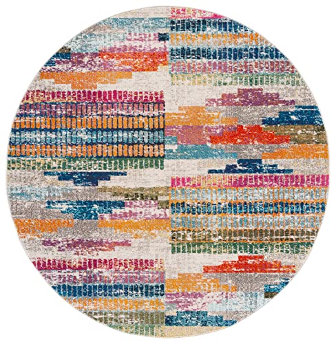 SAFAVIEH Madison Collection Area Rug - 6'7" Round, Ivory & Multi, Boho Abstract Distressed Design, Non-Shedding & Easy Care, Ideal for High Traffic Areas in Living Room, Bedroom (MAD417C) - size: 6'7" (Round)