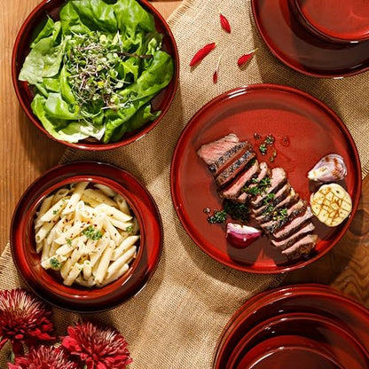 Two Time Oprah's Favorite Things Winner - Santorini Mist Double Bowl Terracotta Reactive Glaze Plates and Bowls Dinnerware Set - Garnet Red, Service for Four (16pcs) - color: Garnet Red