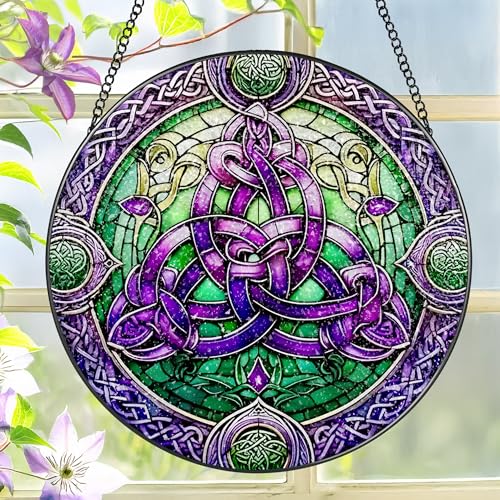 Stained Glass Window Hanging, LAOWEIKI 8'' Celtic Knot Suncatcher, Stained Glass Ornament, Suncatchers for Windows Hanging, Window Decor, Outdoor or Indoor, Gifts for Friends, Women, Art Lover - color: Celtic Knot