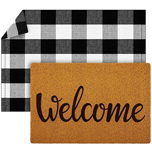 Nuanchu 2 Pieces Welcome Doormat Non Slip Entryway Indoor Outdoors Mats Imitation Coir Doormat Buffalo Plaid Door Mat for Layering Decorative Front Door Entrance