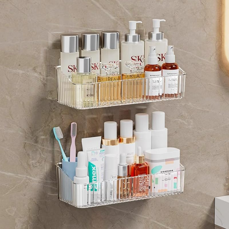 2 Pcs Wall Mounted Shower Caddy, Adhesive Bathroom Caddy Shelf Organizer Makeup Organizer Storage Bins for Bathroom Kitchen