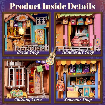 Book Nook Kit for Adults - Día De Muertos | DIY Miniature House Bookshelf 3D Wooden Puzzles Decorative Bookends Gifts for Women (Plaza de Los Muertos) - style: Plaza de Los Muertos