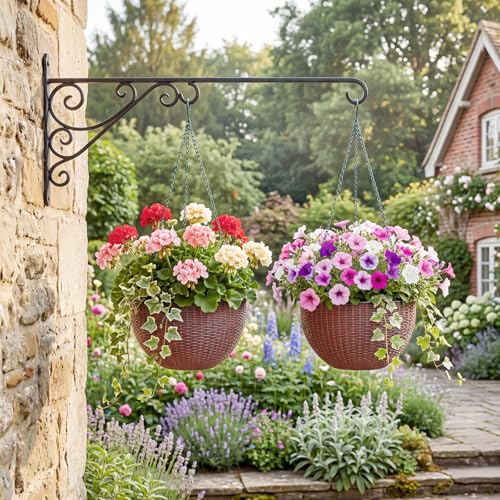 13.8 Inch Self Watering Hanging Planter, 2PCS Round Resin Hanging Basket for Indoor Outdoor Plants, Rattan Look Flower Pot with Drainage Plug, Deep Inner Pot and Sturdy Metal Triple-Chain Hanger - color: Coffee Brown