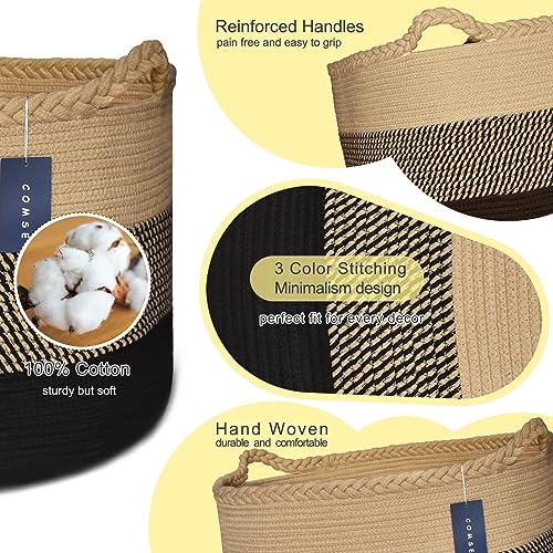 COMSE XXXLarge Woven Blanket & Laundry Basket, 87L, Brown & Black | 21.7" x 13.8", Cotton Rope, Nursery Hamper for Storage of Toys Clothes Towels, Ideal for Living Room Bedroom Bathroom - color: Brown & Black