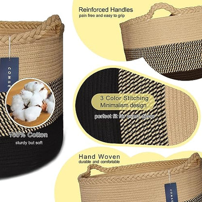 COMSE XXXLarge Woven Blanket & Laundry Basket, 87L, Brown & Black | 21.7" x 13.8", Cotton Rope, Nursery Hamper for Storage of Toys Clothes Towels, Ideal for Living Room Bedroom Bathroom - color: Brown & Black