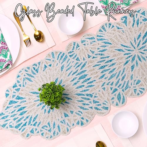 Beaded Table Runner, Sky Blue White, 36x13 | Glass beads on polyester backing, 36x13 in, coastal style, weddings, holidays, farmhouse dining tables - color: Sapphire Salt, size: 36"x13"