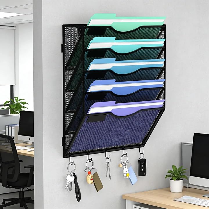 Gawerk Hanging Wall File Organizer with 5 Hooks - Wall Mounted Mail Paper Document Folder Holder, Sturdy Mesh Magazine Rack for Office Home (5 Tier) - size: 5 Tier