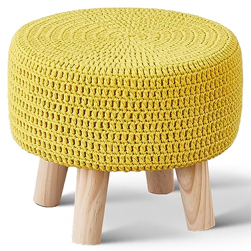 Wimarsbon Small Ottomans, 100% Hand Knitted Pouf, Round Footrest with 4 Non-Skid Wood Legs, Boho Décor Cotton Rope Pouffe Beside Sofa, Leisure Floor Step Chair for Living Room (Yellow) - color: Yellow