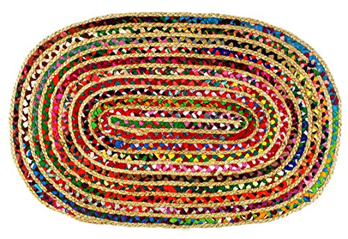 COTTON CRAFT Jute Chindi Braid Rag Rug - 3x5 Ft Oval Multi Color Area Rug | Handwoven Reversible Jute & Natural Recycled Cotton Boho Farmhouse Rustic Area Accent Rug - Living Room Carpet Home Décor - color: Multi Color, size: 3' x 5' (Oval)