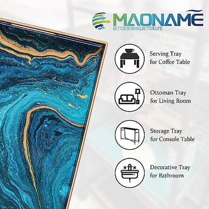 Blue Serving Trays, Plastic Rectangular Serving Tray with Handles | Rectangle Coffee Table Trays, Modern Marbling Sticker Trays, Melamine Tray for Ottoman, Kitchen Countertop, 15.6” x 11.8” - color: Blue, size: 15.6" x 1.6" x 11.8"