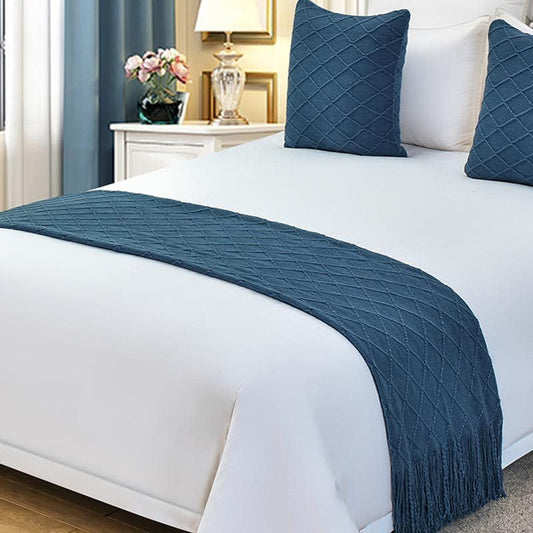 Cotton Knit Bed Runners King Size,Decorative Boho Bed Scarf with Tassel,Soft Solid Color Woven Beds Throw Blanket for Bedroom Home Hotel (Blue Diamond 45x45cm/only Pillowcase) - color: Blue Diamond, size: 45x45cm/only pillowcase