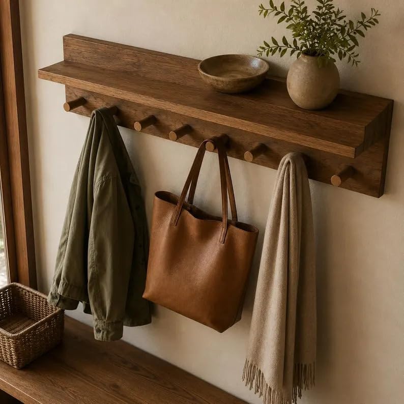 Rustic Wooden Coat Rack Wall Mount with Top Shelf, Solid Wood Peg Hook Rail Entryway Hat Jacket Purse Hanging Organizer for Mudroom Hallway Bathroom Home Decor