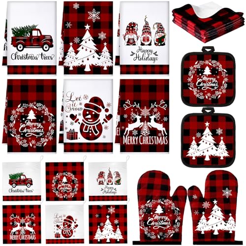 Sratte 20 Pcs Christmas Kitchen Towel Oven Mitts and Pot Holders Set Red and Black Buffalo Plaid Dish Cloths Set Heat Resistant Oven Gloves Hot Pads Reusable Dish Rags, Absorbent Towels