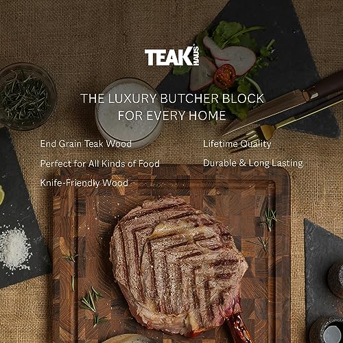 Teakhaus Butcher Block Carving Board - Medium Thick Cutting Board with Juice Groove - Holiday Gift Ideas for Men and Women - Gift-Ready End Grain Wood, Knife Friendly - FSC Certified - color: With Juice Groove, size: Medium (16 inch x 12 inch x 1.5 inch)