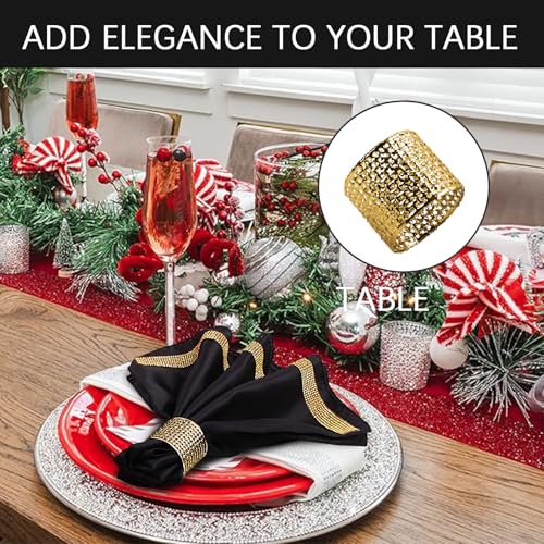 12 Pack Cloth Napkins and Gold Napkin Rings Set of 6, 17x17 Bling Trim Satin Cocktail Napkins Cloth Washable Personalized Dinner Napkins for Wedding Party Holiday Decorative | 17x17 Inch Personalized Black Napkins Set, Washable Fancy Dinner & Cocktail Nap