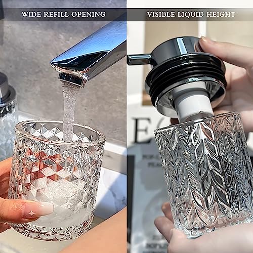 CICUFY Foaming Hand Soap Dispenser, Glass Foam Soap Dispenser or Lotion Dispenser for Kitchen & Bathroom Refillable Clear Glass Liquid soap Dispenser with Large Silver Pump-1 Pack - color: Clear-1 Pcs, style: Foam/Diamond Pattern/Silver Top