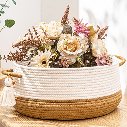 KAKAMAY Woven Baskets for Storage(16"x8"),Blanket Basket for Organizing Living Room,Cotton Rope Basket Woven Baby Laundry Hamper,Collapsible Laundry Room Organization,Clothes,Toy Chest(Brown) - color: Brown