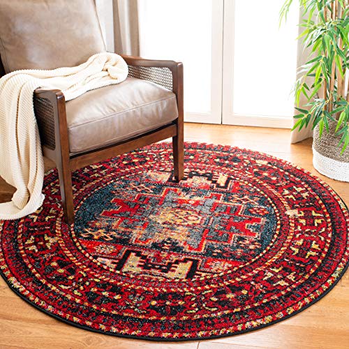 SAFAVIEH Vintage Hamadan Collection 3' Round Red / Multi VTH213A Oriental Traditional Persian Non-Shedding Dining Room Entryway Foyer Living Room Bedroom Area Rug - color: Red/Multi, size: 3' (Round)