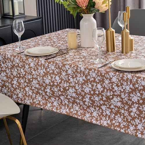 Pioggia Vinyl Tablecloth with Flannel Backing - Waterproof, Oil-Proof, Easy to Clean -Plastic Table Cloth - Perfect for Dining Tables, Kitchen Tables, Parties (Coffee Flowers, 54×72 Inch Rectangular) - color: Coffee Flowers, size: 72" x 54" (Rectangular)