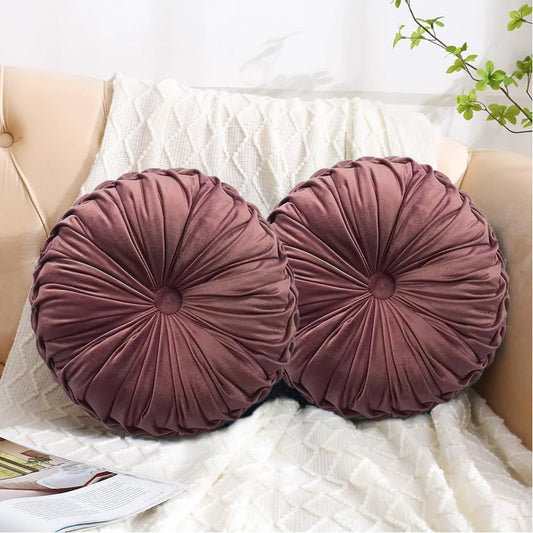 HIG Set of 2 Dusty Rose Velvet Decorative Round Pleated Throw Pillows | Vintage Floor Pillows, Classy Accent Pumpkin with Center Button, for Sofa Couch Vanity Chair Bed, 14.5" Diameter - color: Dusty Rose
