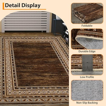 Modern Solid Area Rug 5x7 Washable Non Slip Neutral Rugs for Living Room, Non-Shedding Stain Resistant Bordered Throw Carpet, Foldable Floor Rugs for Bedroom Dining Table, Red Brown | Non Slip Neutral Border Non Shedding Stain Resistant Low Pile Foldable