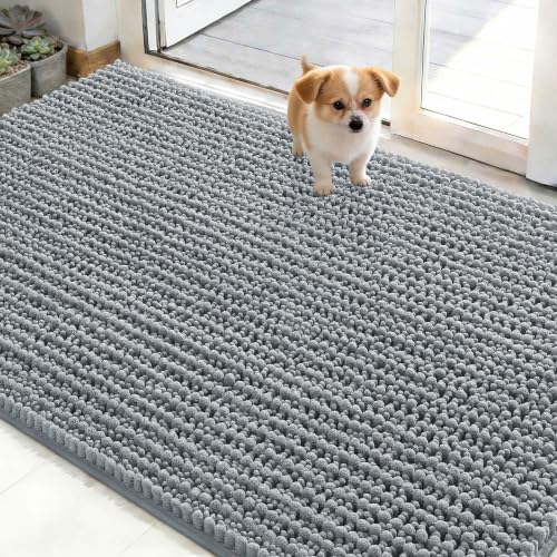 OLANLY Dog Door Mat for Muddy Paws 48x30, Ultra-Absorbent Chenille Mud Mat | Grey, Absorbs Moisture and Dirt, Non-Slip Washable Doormat, Quick-Drying Indoor Entryway Floor Carpet for Dogs and Muddy Paws - color: Grey, size: 48" X 30"