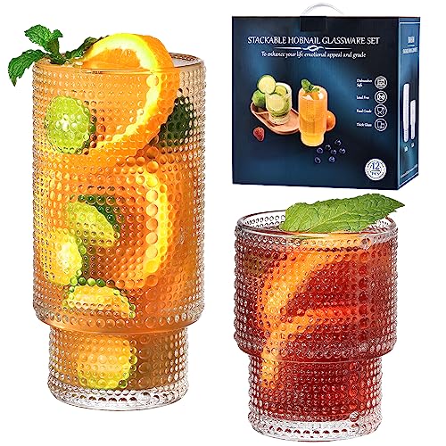 ISMASOAN Hobnail Drinking Glasses Set of 12, Stackable Glasses 12 oz & 7 oz | Beaded Drinking Glasses with vintage bubble texture. Gift-ready highball cups for water, juice, cocktails and everyday drinks - style: Stackable Dewdrop Surface