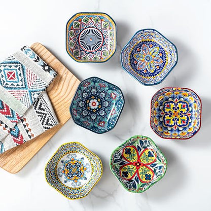 HENXFEN LEAD Boho Ceramic Dipping & Snack Bowls Set of 6, 8 oz Square Bowls | Assorted Patterns, Ideal for Desserts, Side Dishes, Salsa, Fruit, Nuts & Appetizers, Microwave & Dishwasher Safe - size: 8 Oz