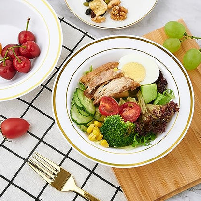 100PCS Plastic Bowls with Gold Rim 12oz Disposable Soup Bowls | Plastic Bowls for Christmas Thanksgiving Premium Dessert Salad Bowls for Wedding/Party/Halloween - color: Gold, style: 100Count