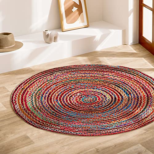 10' Round Hand Woven Jute Chindi Area Rug - Colorful Boho Rugs | Rugs for Living Room - Hand Braided Multicolor Bohemian Rug for Farmhouse, Bedroom, Dining Room, Hallway - 10 foot round rug - color: Multi Color, size: 10' (Round)