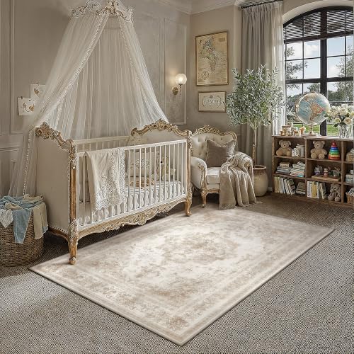 4x6 Washable Area Rug Beige Vintage Distressed Netural Carpet | Non-Slip, Non Shedding, Low Pile, Soft Durable, Medallion Indoor Rug, Entryways, Bedroom, Living Room, Nursery, Home Decor - color: Antique Beige, size: 4' x 6' (Rectangular)