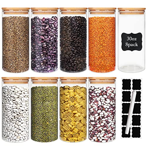 DHSBTLS 8 Pack 30 oz Glass Jars with Airtight Bamboo Lids for Kitchen | 890ml Pantry Organization Jar, Glass Terrarium with Lid, Spice, Flour and Sugar Container, Canister Set for Kitchen Counter