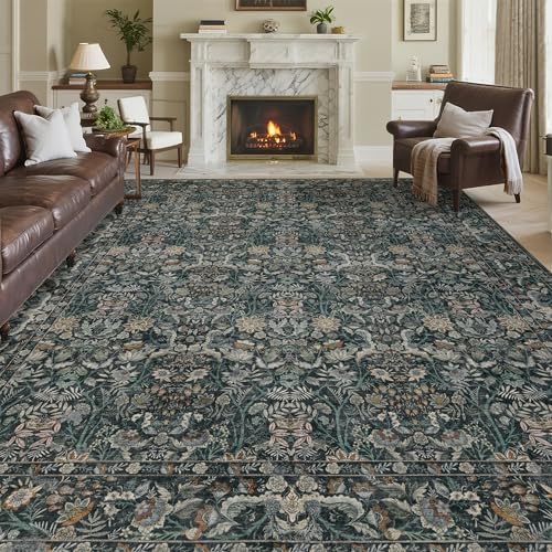 Vintage Botanical Area Rug 8x10: Floral Carpet Non-Slip - Dark Green | Classic Dark Tone Pattern Fits Large Open Layout Rooms - Washable, Stain Resistant, Low Pile for Living Room Pet Friendly - color: Dark Green, size: 8' x 10' (Rectangular)
