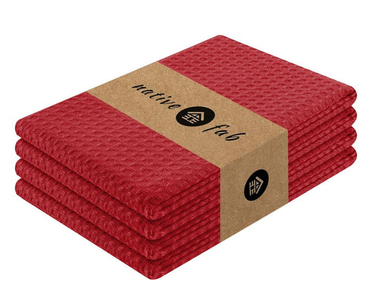 Native Fab Cotton Kitchen Towel with Hanging Loop 16x26 inches, 4-Pack, Waffle Weave Kitchen Towels for Cleaning Drying, Washcloths Soft & Absorbent Cloth Rags, Bar Towel, Dish Cloth, Red - color: Red, size: Set of 4