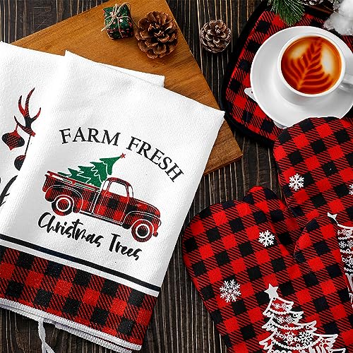 Bencailor 6 Pcs Christmas Kitchen Set Christmas Tree Kitchen Towels Oven Mitts and Pot Holders Set Dish Towel Heat Resistant Oven Mitts for Xmas Decor Cooking Baking Grilling(Truck) - style: Truck